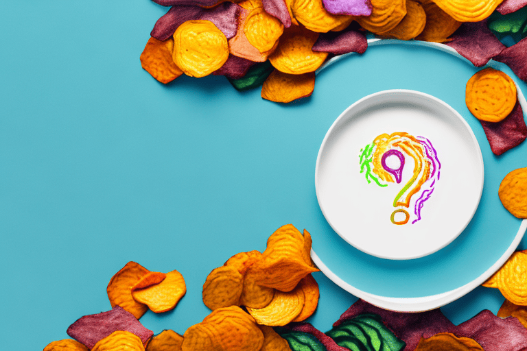 A curious dog sitting next to a bowl of colorful veggie chips