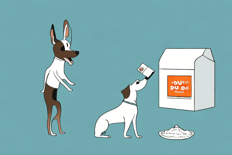 A curious dog sniffing a package of xanthan gum placed on a kitchen counter