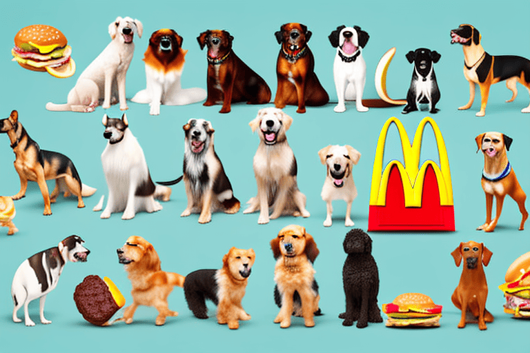 A variety of dogs of different breeds eagerly looking at a selection of mcdonald's food items that are safe for them to eat