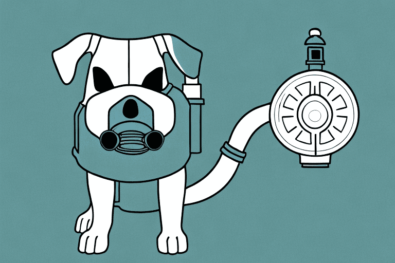 A dog urinating near a gas mask