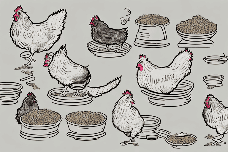 Several chickens pecking at a bowl of cat food and another bowl of dog food in a farmyard setting