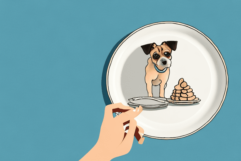 A curious dog sitting in front of a plate with a fortune cookie on it