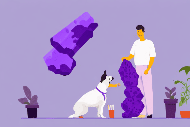 A curious dog sniffing a large purple yam on a kitchen countertop
