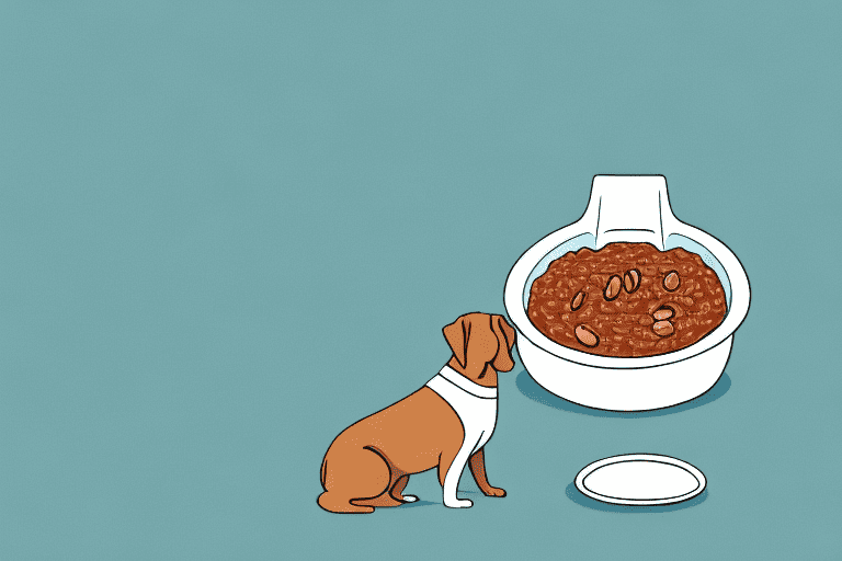 A curious dog sitting in front of a bowl of refried beans