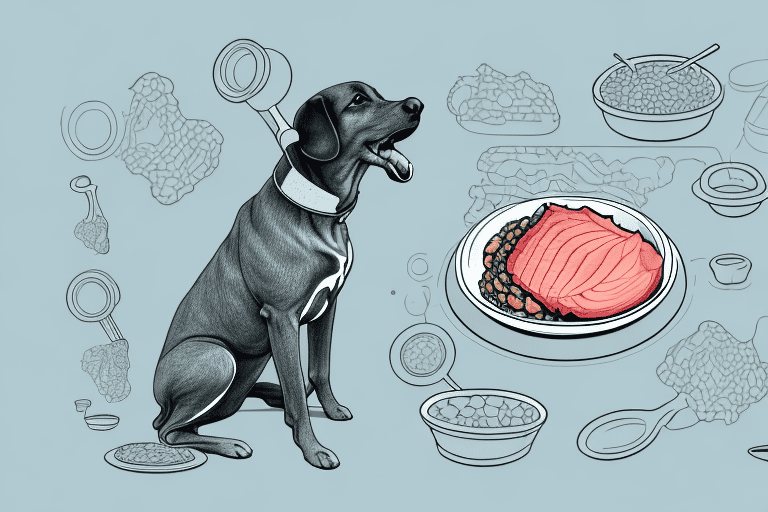A curious dog looking at a raw turkey neck placed in its food bowl