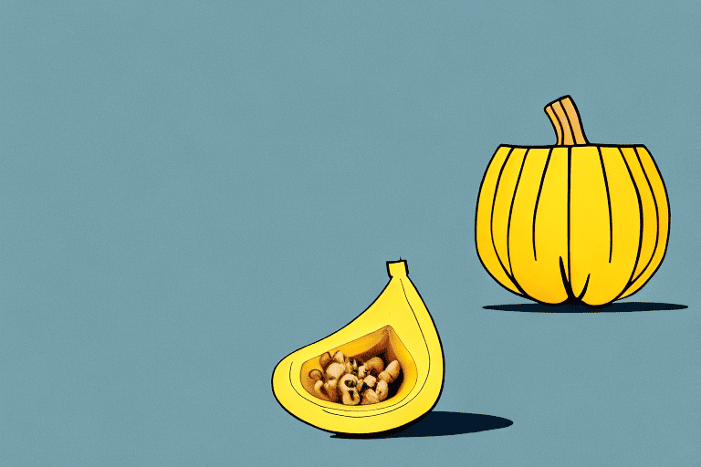 A curious dog sitting in front of a cut-open acorn squash