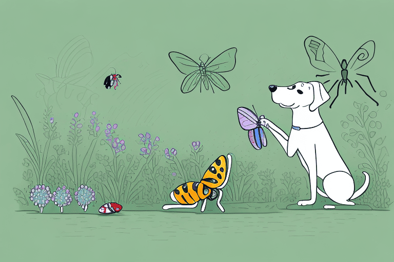 A curious dog sniffing at a variety of bugs such as a butterfly
