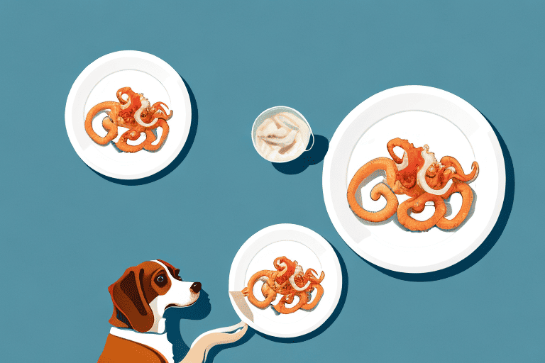 A curious dog sitting next to a plate of cooked calamari