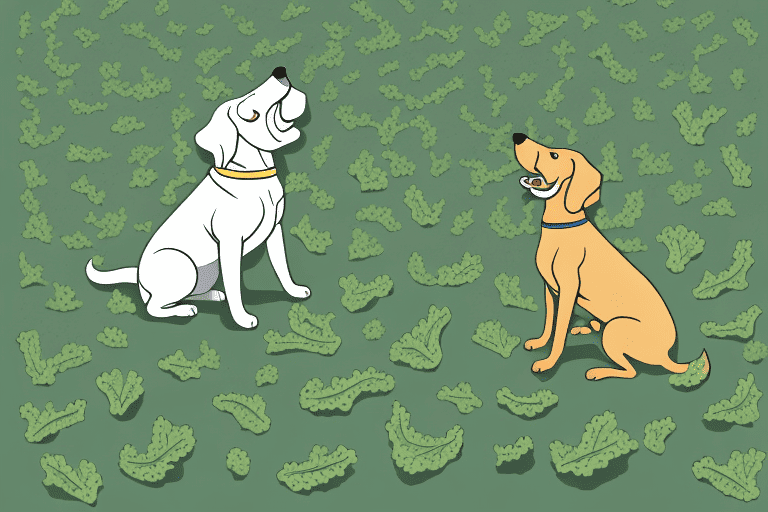 A curious dog sniffing at a bunch of fresh chard on the ground