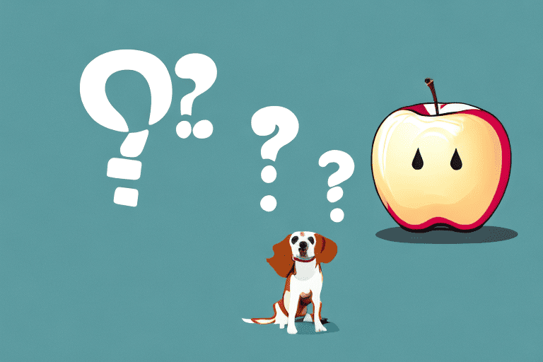A curious dog looking at a caramel apple on a table