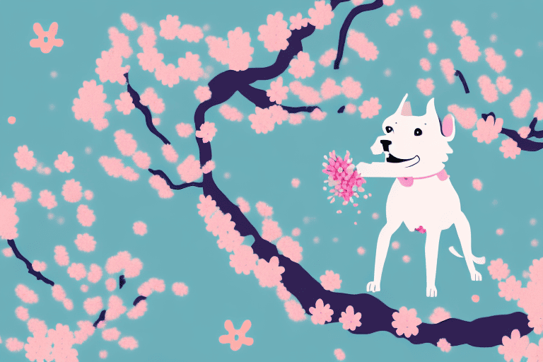 A curious dog sniffing at a cherry blossom tree with a few petals falling around him