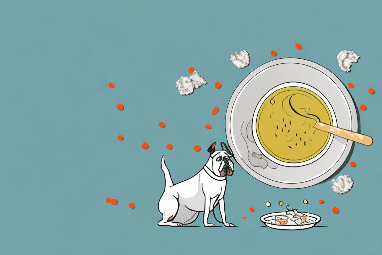 A worried dog sitting next to a bowl of chicken broth with visible pieces of onions floating in it