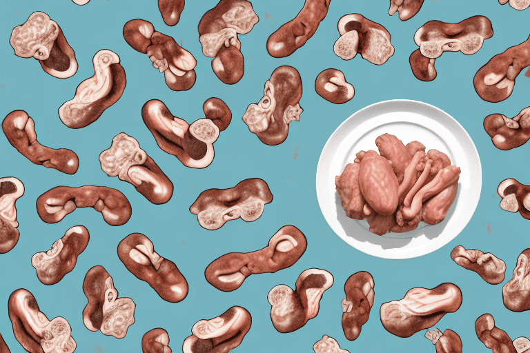 A curious dog looking at a plate filled with chicken hearts and gizzards