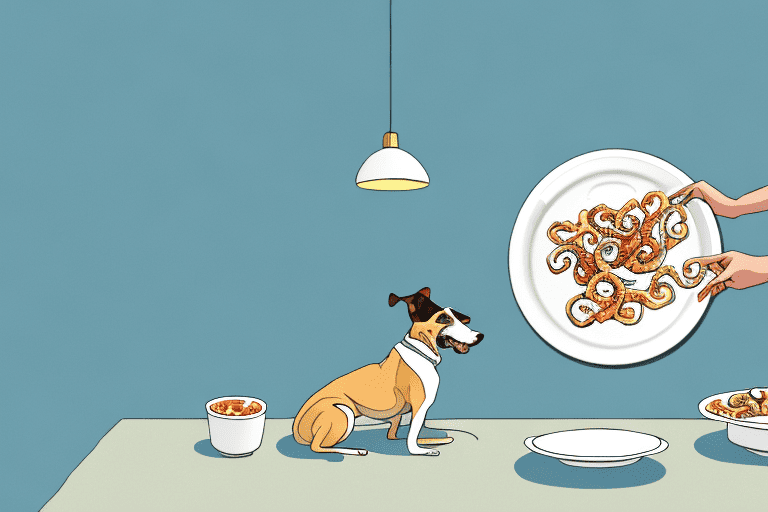 A curious dog looking at a plate of cooked calamari on a table