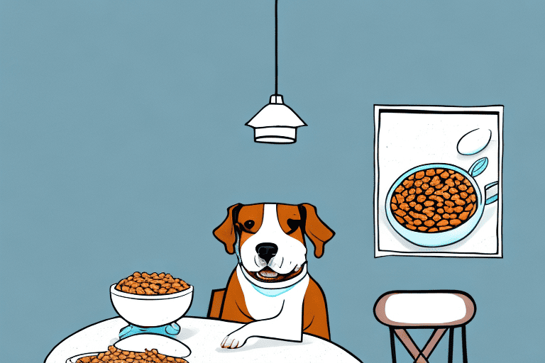 A dog sitting at a table with a bowl of cooked pinto beans