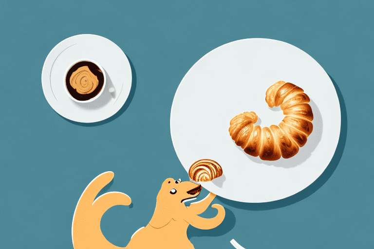 A curious dog sitting next to a table with a croissant on a plate