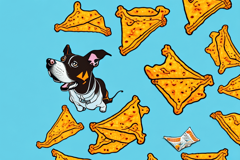 A curious dog looking at a bag of doritos nacho cheese chips on a table