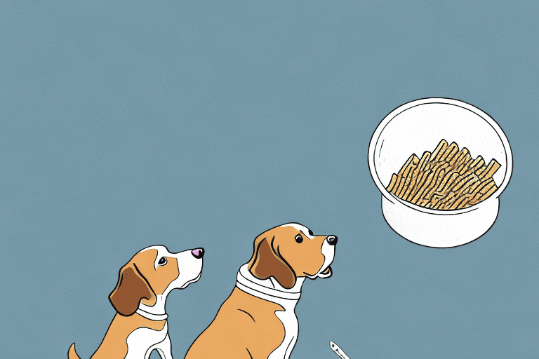 A curious dog sitting next to a bowl of dry pasta