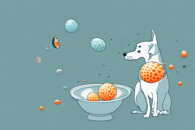 A curious dog looking at a bowl filled with fish eggs
