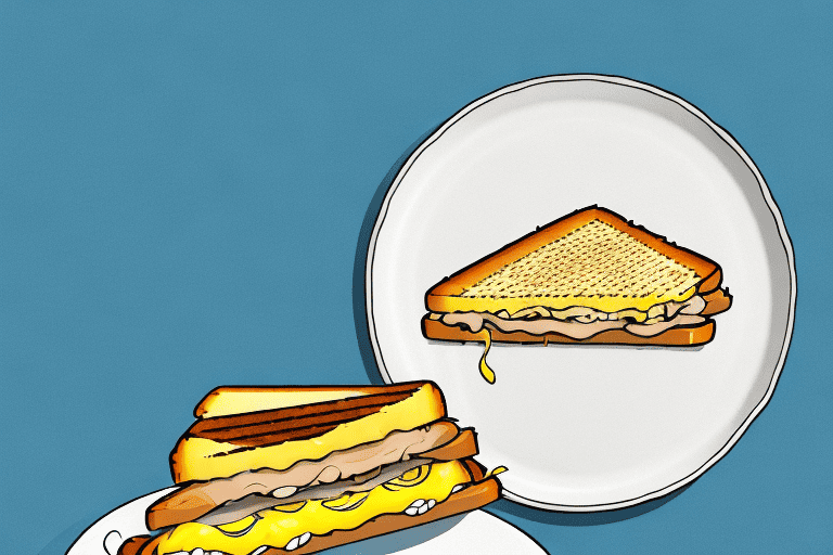 A curious dog sitting in front of a plate with a piece of grilled cheese on it