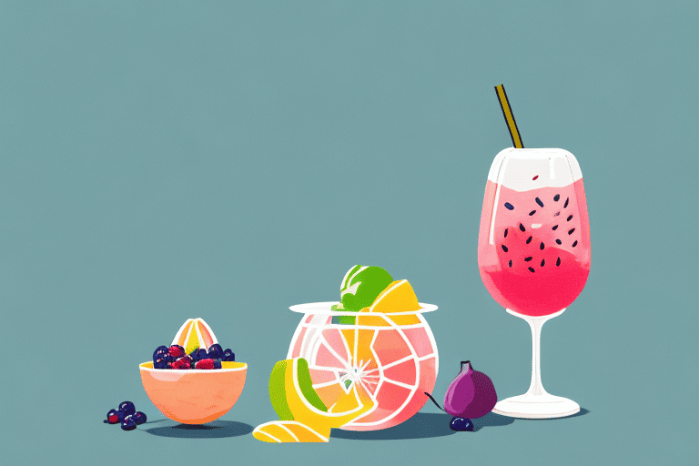 A curious dog sitting next to a bowl of colorful fruit cocktail