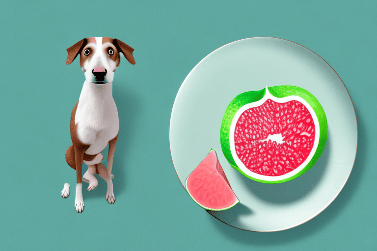 A curious dog sniffing a whole guava and a sliced guava on a plate