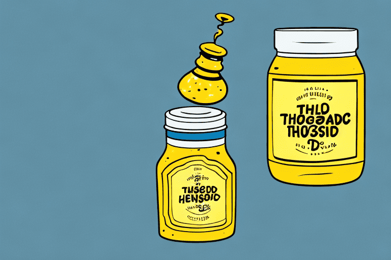 A curious dog looking at a jar of honey mustard on a table