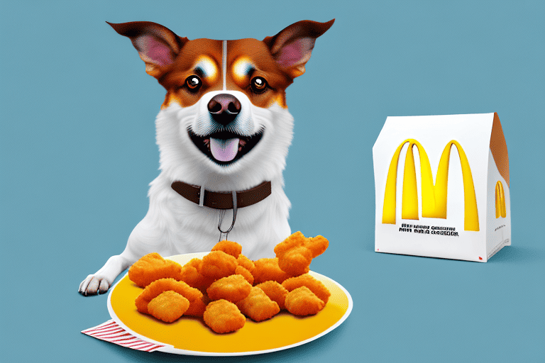 A curious dog sitting in front of a few mcdonald's chicken nuggets placed on a plate