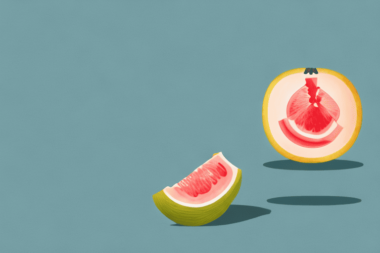 A curious dog looking at a whole pomelo and a sliced one on a table