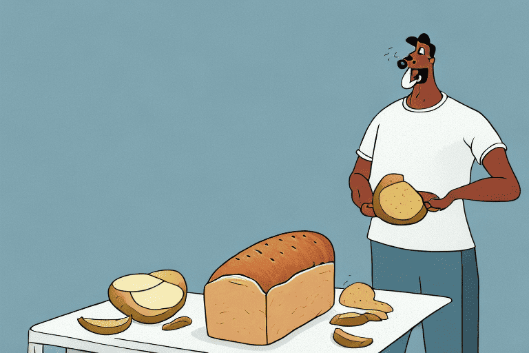 A curious dog sniffing a loaf of potato bread on a kitchen table