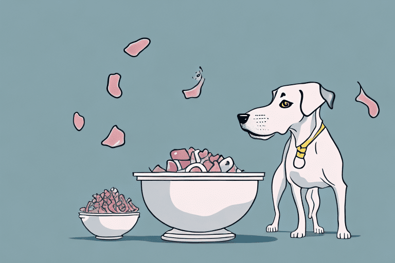A curious dog sniffing at a bowl of raw giblets on a kitchen floor
