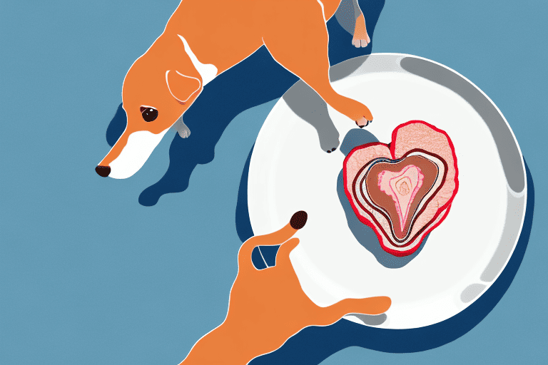 A curious dog looking at a raw turkey heart placed on a plate