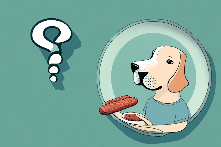 A curious dog sniffing a plate of sage sausages