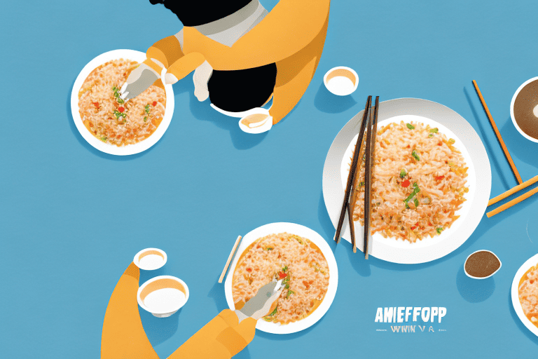 A curious dog looking longingly at a bowl of shrimp fried rice on a table