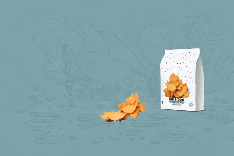 A curious dog sniffing a few scattered taro chips on the ground
