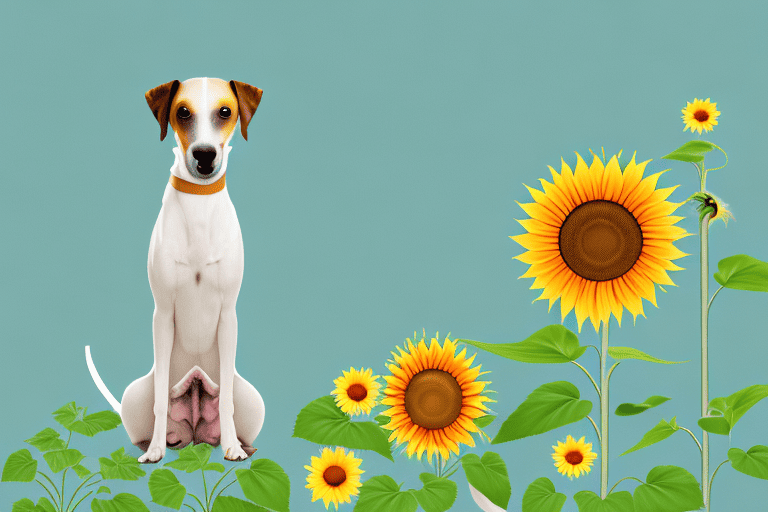 A curious dog sniffing at a tall sunflower stalk in a garden setting