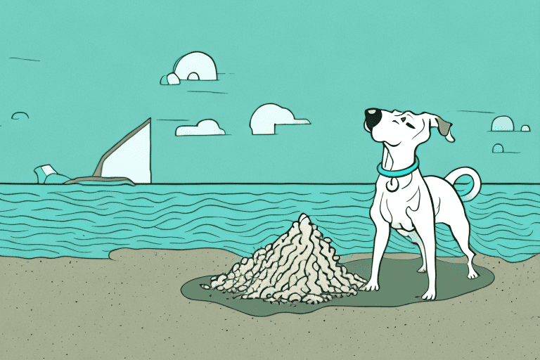 A curious dog sniffing a pile of sea moss on a beach