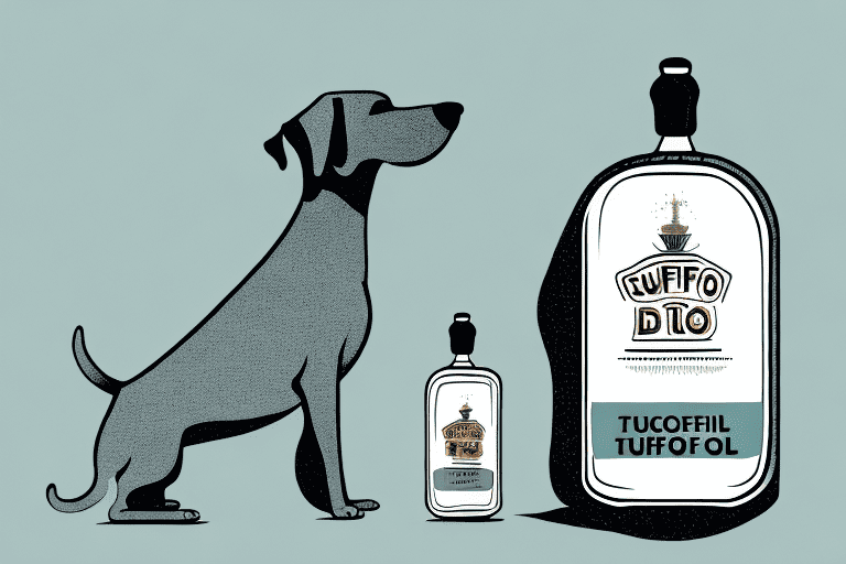 A curious dog sniffing a bottle of truffle oil placed on the kitchen counter