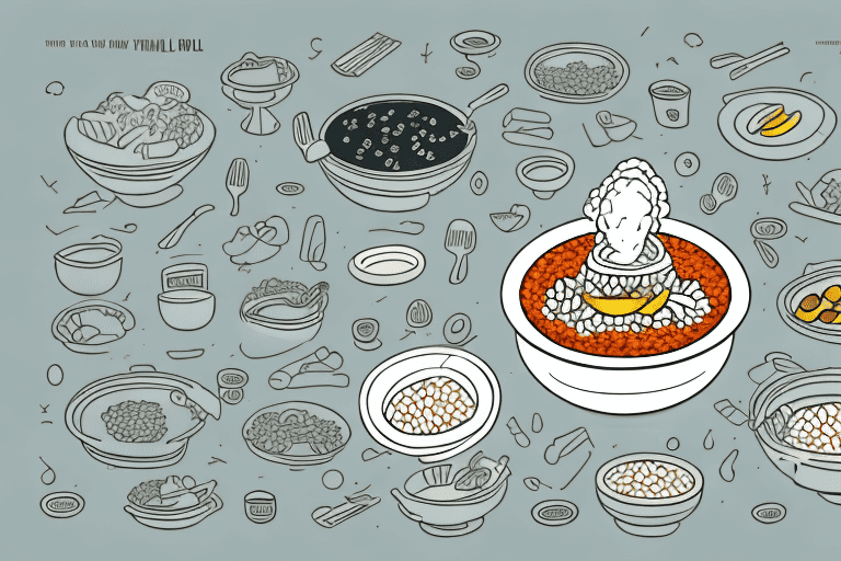 A dog sitting in front of a bowl filled with steaming food