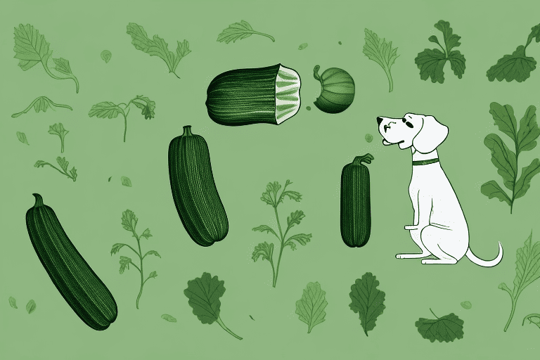 A curious dog sniffing at a zucchini plant with large