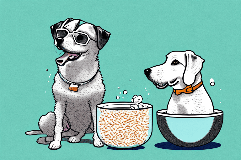 A curious dog sitting in front of a bowl filled with mini wheats