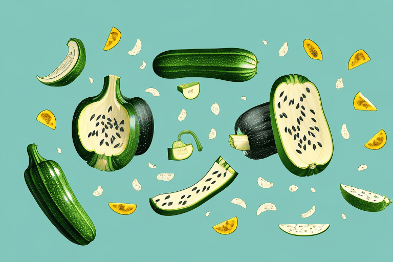 A curious dog sniffing at a sliced open zucchini with visible seeds on a kitchen counter