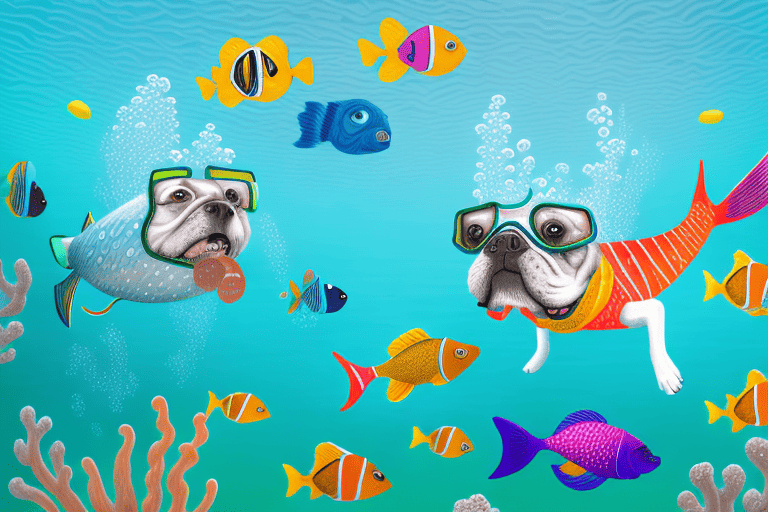 A dog wearing a snorkeling mask and fins