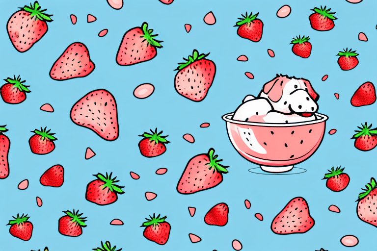 A curious dog looking at a bowl of strawberry ice cream with a few strawberries scattered around