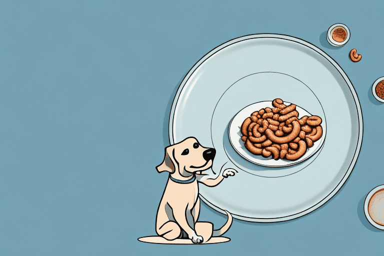 A curious dog sitting next to a plate with a few vienna sausages on it