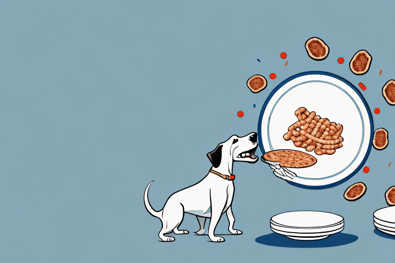 A curious dog looking at a plate of vienna sausages