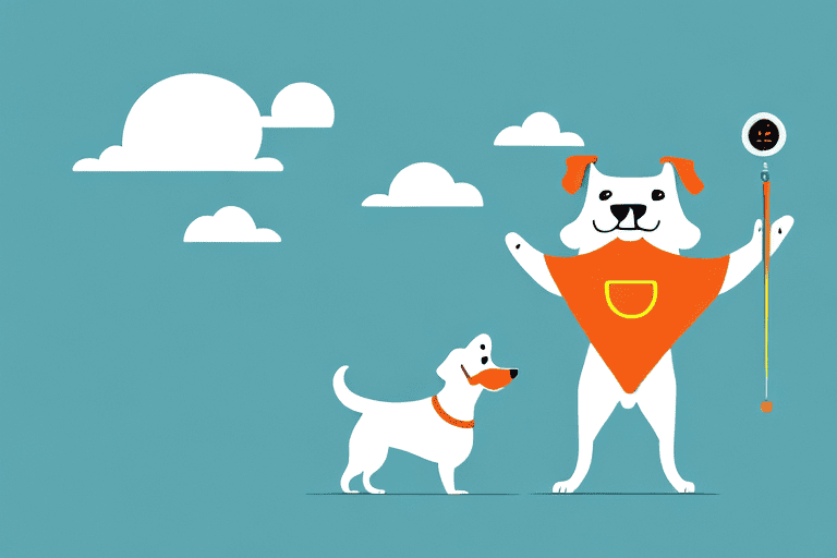 A dog happily walking on a sunny day with a thermometer showing 80 degrees
