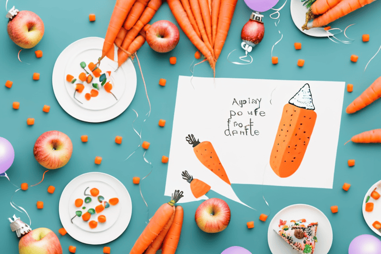 A festive table filled with various dog-friendly foods like carrots