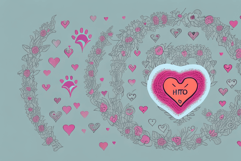 A female dog surrounded by various symbols (hearts