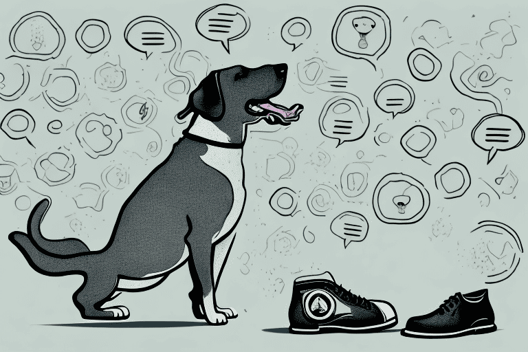 A curious dog sniffing a leather shoe